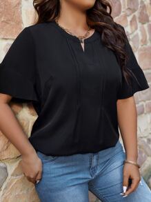 SHEIN LUNE Plus Solid Notched Neck Butterfly Sleeve Blouse - Black - View 1