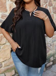 SHEIN LUNE Plus Solid Notched Neck Butterfly Sleeve Blouse - Black - View 3