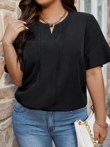 SHEIN LUNE Plus Solid Notched Neck Butterfly Sleeve Blouse - Black - View 4