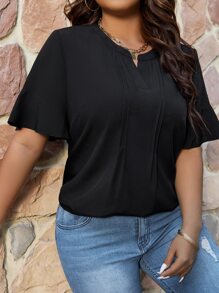 SHEIN LUNE Plus Solid Notched Neck Butterfly Sleeve Blouse - Black - View 5