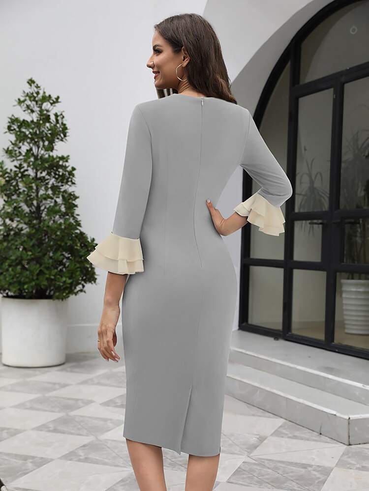 HOMEYEE Tie Neck Flounce Sleeve Bodycon Dress - Grey - View 2