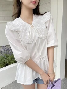 DAZY Statement Collar Tie Front Blouse,Ruffle - White - View 1