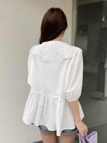 DAZY Statement Collar Tie Front Blouse,Ruffle - White - View 2