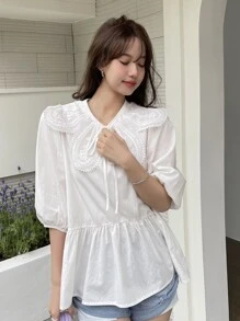 DAZY Statement Collar Tie Front Blouse,Ruffle - White - View 3