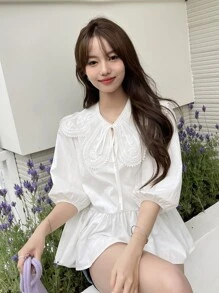 DAZY Statement Collar Tie Front Blouse,Ruffle - White - View 4