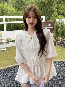 DAZY Statement Collar Tie Front Blouse,Ruffle - White - View 5