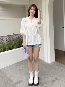 DAZY Statement Collar Tie Front Blouse,Ruffle - White - View 6