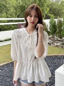 DAZY Statement Collar Tie Front Blouse,Ruffle - White - View 7