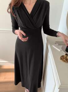DAZY Solid V Neck Wrap Detail A-Line Dress,Fall Clothes - Black - View 4