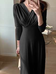 DAZY Solid V Neck Wrap Detail A-Line Dress,Fall Clothes - Black - View 5