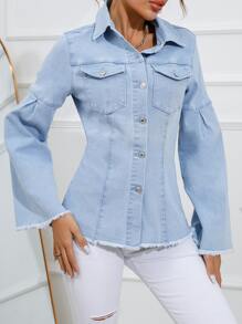 Flap Pocket Raw Cut Denim Shirt - Light Wash - View 3