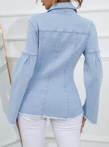 Flap Pocket Raw Cut Denim Shirt - Light Wash - View 2