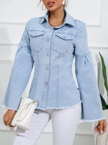 Flap Pocket Raw Cut Denim Shirt - Light Wash - View 4
