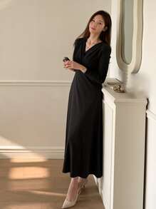 DAZY Solid V Neck Wrap Detail A-Line Dress,Fall Clothes - Black - View 9