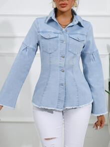 Flap Pocket Raw Cut Denim Shirt - Light Wash - View 5