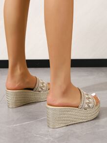編織細節編織坡跟涼鞋 - 米色 - 查看 3