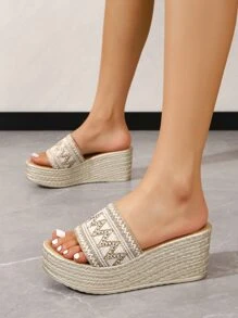 編織細節編織坡跟涼鞋 - 米色 - 查看 4