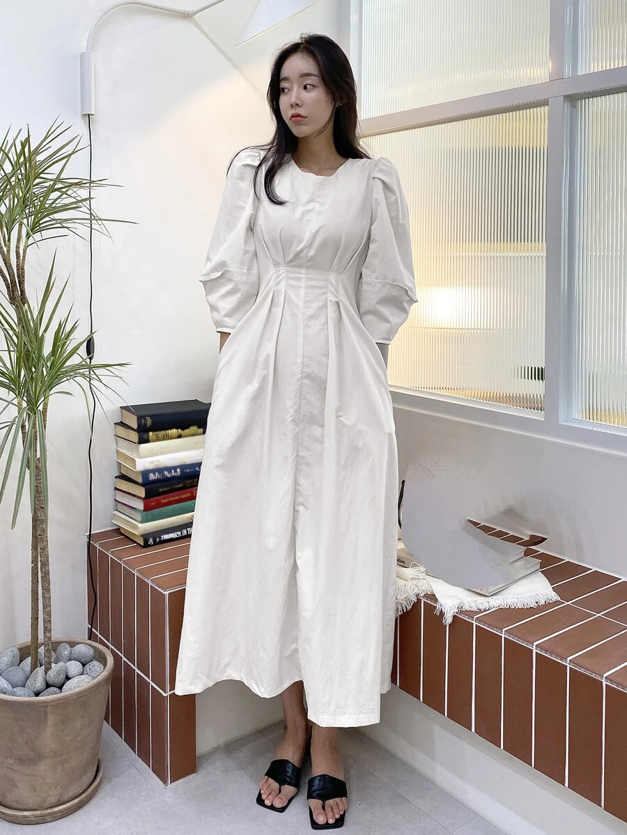 DAZY Solid Puff Sleeve Plicated Detail Slant Pocket Dress - White - View 1