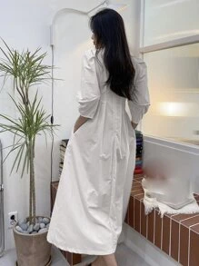 DAZY Solid Puff Sleeve Plicated Detail Slant Pocket Dress - White - View 2