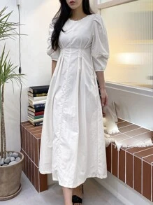 DAZY Solid Puff Sleeve Plicated Detail Slant Pocket Dress - White - View 3