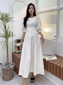 DAZY Solid Puff Sleeve Plicated Detail Slant Pocket Dress - White - View 4