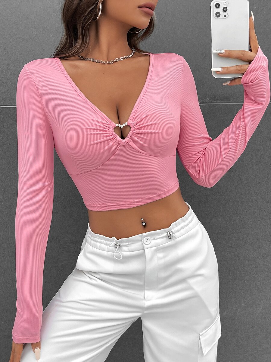 SHEIN EZwear Spring Break Balletcore Ribbed Knit Heart-Ring Crop Tee - Pink - View 1