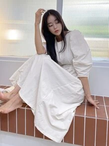 DAZY Solid Puff Sleeve Plicated Detail Slant Pocket Dress - White - View 5