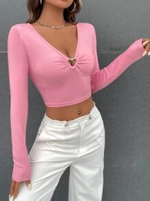 SHEIN EZwear Spring Break Balletcore Ribbed Knit Heart-Ring Crop Tee - Pink - View 3