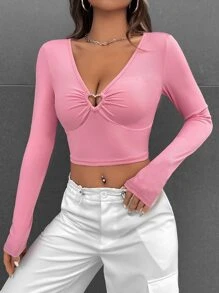 SHEIN EZwear Spring Break Balletcore Ribbed Knit Heart-Ring Crop Tee - Pink - View 4