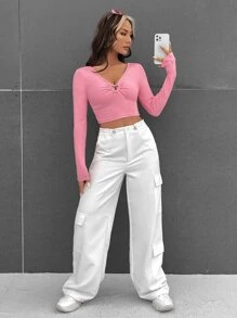 SHEIN EZwear Spring Break Balletcore Ribbed Knit Heart-Ring Crop Tee - Pink - View 5