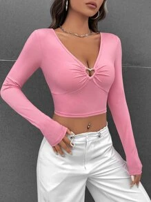 SHEIN EZwear Spring Break Balletcore Ribbed Knit Heart-Ring Crop Tee - Pink - View 6