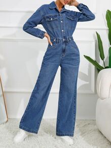 Flap Detail Button Front Denim Jumpsuit - Dark Wash - View 1