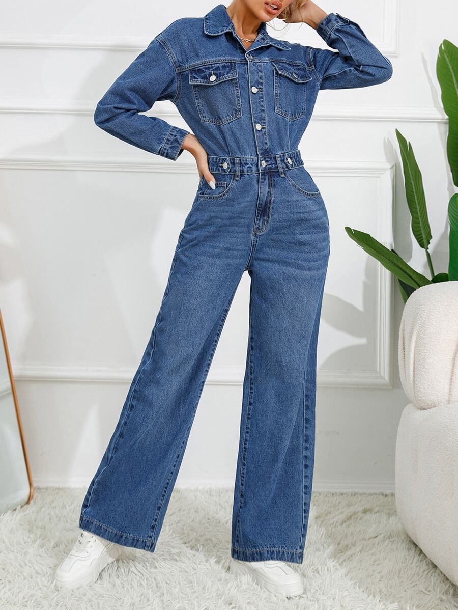 Flap Detail Button Front Denim Jumpsuit - Dark Wash - View 1