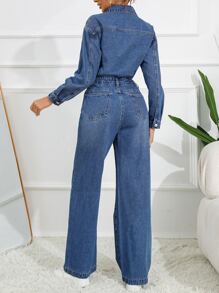Flap Detail Button Front Denim Jumpsuit - Dark Wash - View 2