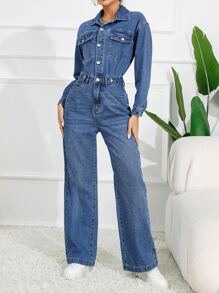 Flap Detail Button Front Denim Jumpsuit - Dark Wash - View 3