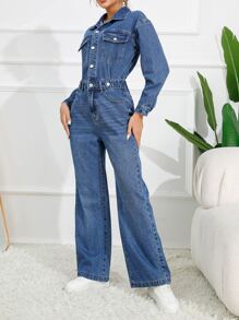 Flap Detail Button Front Denim Jumpsuit - Dark Wash - View 4