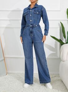 Flap Detail Button Front Denim Jumpsuit - Dark Wash - View 5