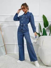 Flap Detail Button Front Denim Jumpsuit - Dark Wash - View 6
