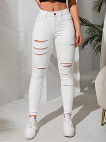 Slant Pocket Ripped Jeans - White - View 1