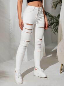 Slant Pocket Ripped Jeans - White - View 4