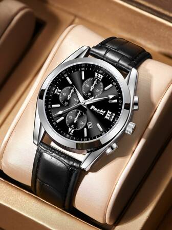 Poshi 1pc POSH Brand Fashion Men's Quartz Watch With Calendar, Leather Strap