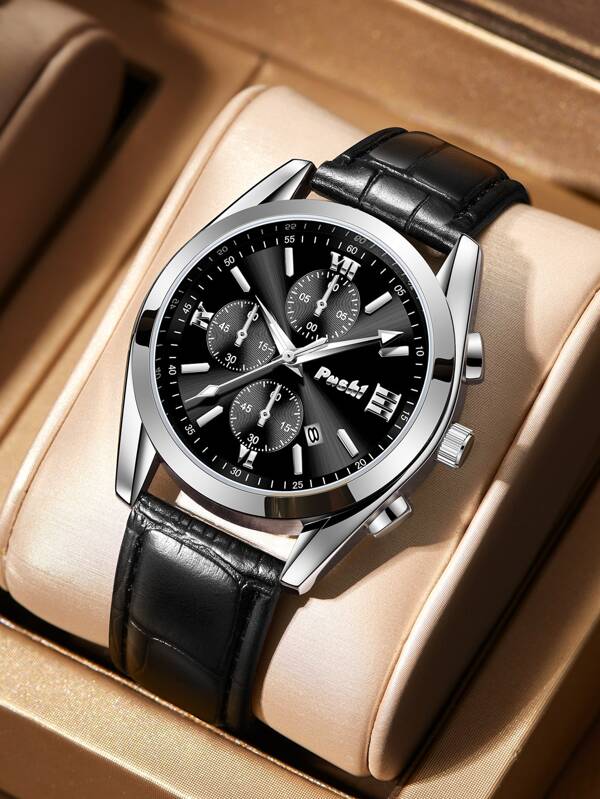 Poshi 1pc POSH Brand Fashion Men's Quartz Watch With Calendar, Leather Strap