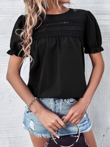 SHEIN Holidaya Guipure Lace Insert Puff Sleeve Blouse - Black - View 1