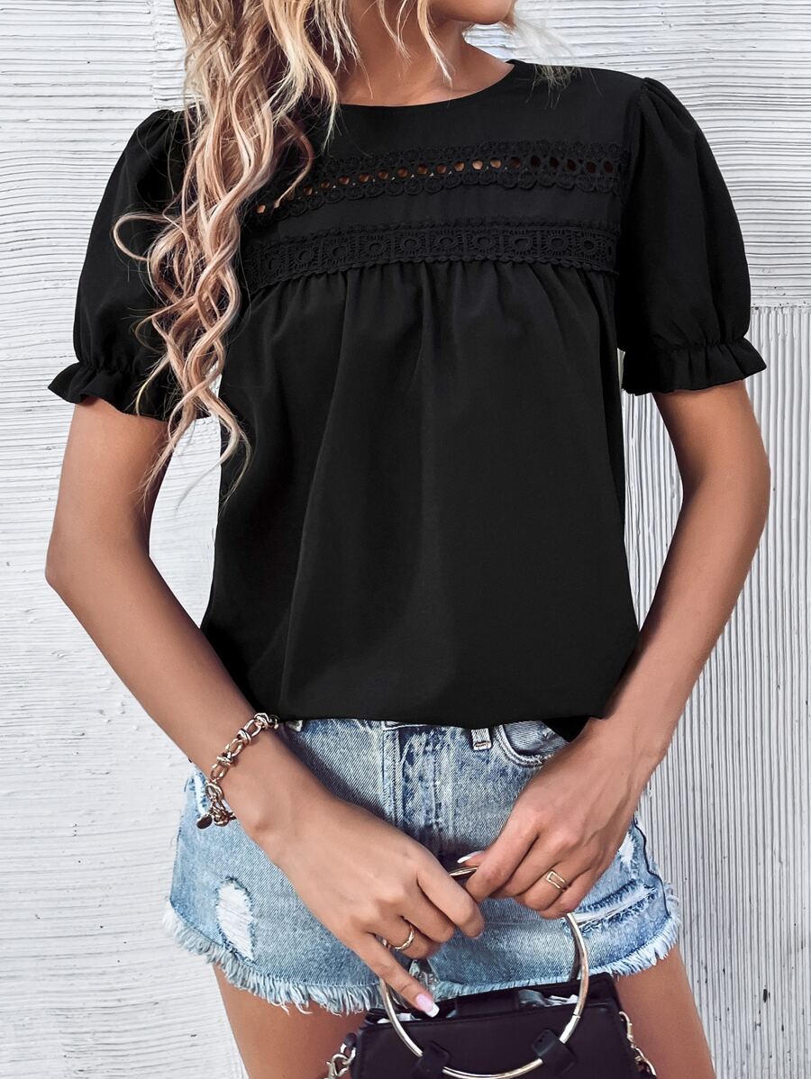 SHEIN Holidaya Guipure Lace Insert Puff Sleeve Blouse - Black - View 1