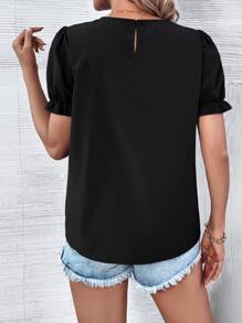 SHEIN Holidaya Guipure Lace Insert Puff Sleeve Blouse - Black - View 2