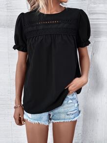SHEIN Holidaya Guipure Lace Insert Puff Sleeve Blouse - Black - View 4