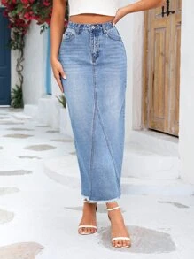 SHEIN Frenchy High Waist Raw Cut Denim Skirt - Light Wash - View 1