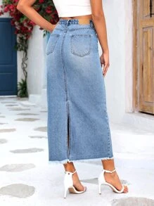 SHEIN Frenchy High Waist Raw Cut Denim Skirt - Light Wash - View 2