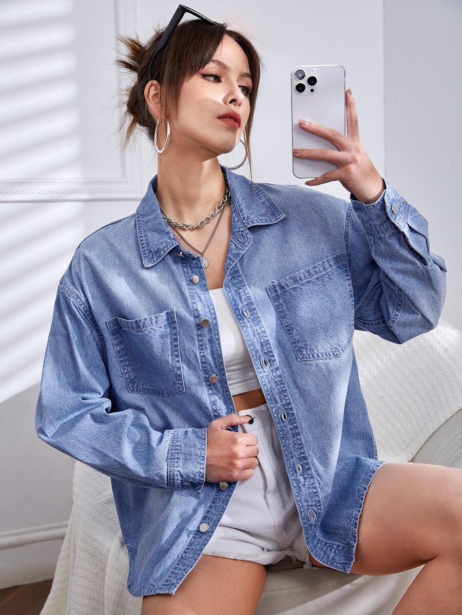 Patched Pocket Drop Shoulder Denim Shirt - Light Wash - View 1