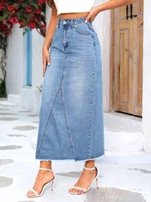SHEIN Frenchy High Waist Raw Cut Denim Skirt - Light Wash - View 3